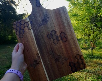 Hand Burned Acacia Wood Cutting Board: Bumble Bee and Honeycomb Design