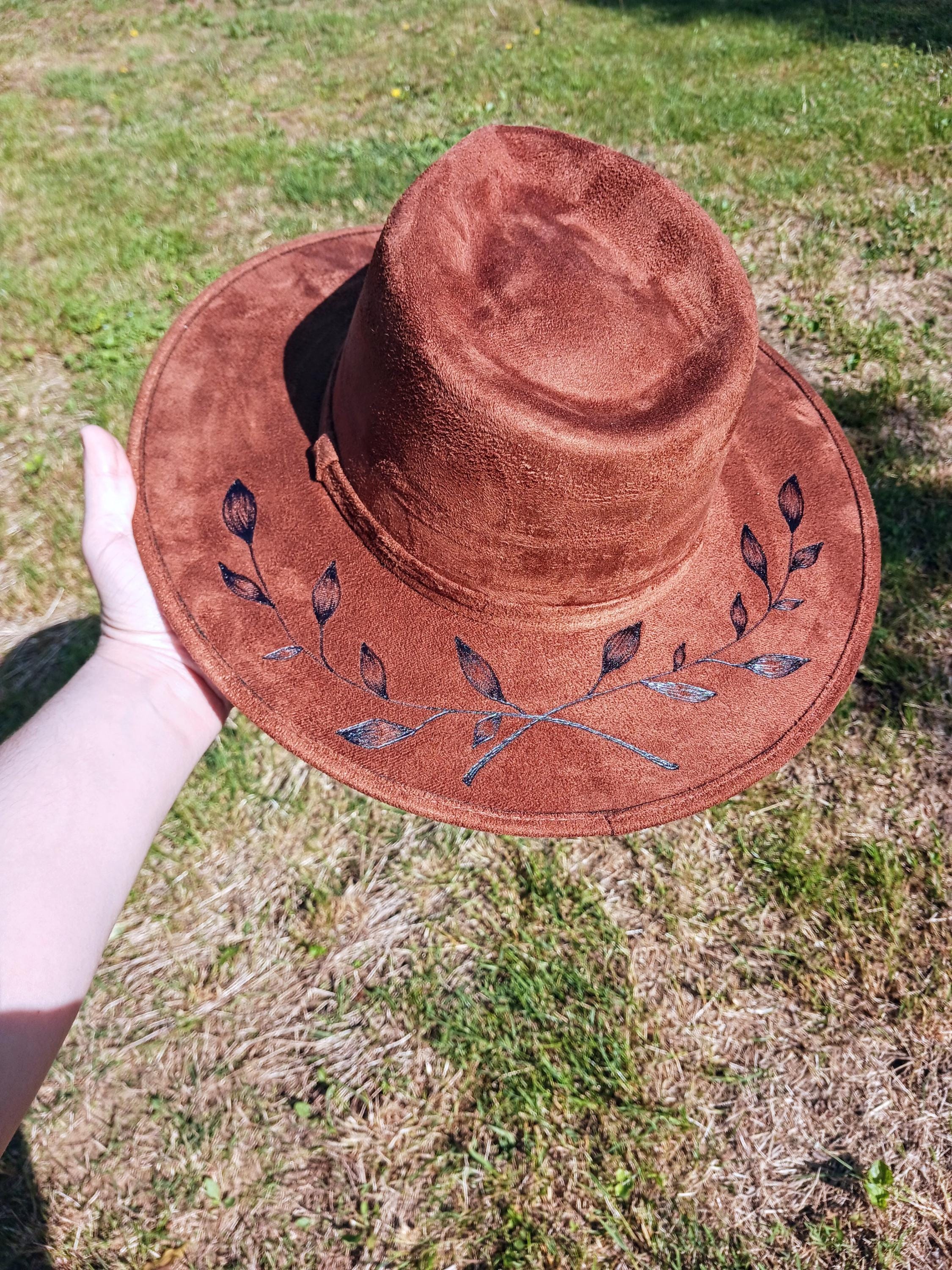 Hand Burned Vegan Suede Wide Brim Hat: Floral Vine Design - Etsy