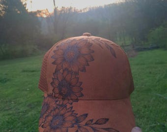 Hand Burned Vegan Suede Ball Cap, Brown Color, Sunflower Design