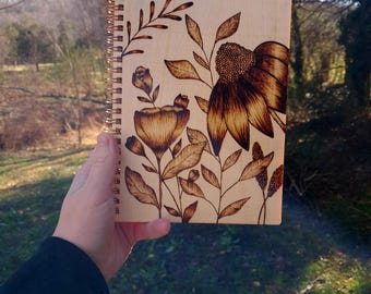 Wood Burned, Floral, Custom Sketchbook with Art On the Cover