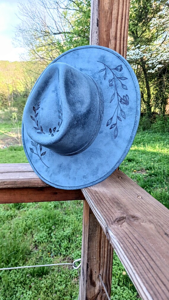 Hand Burned Steel Blue Wide Brim Hat: Vegan Suede Floral  display picture 3