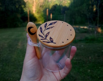 8 Oz. Glass Jar with Leafy Wood Burned Lid, Moon Spoon Included