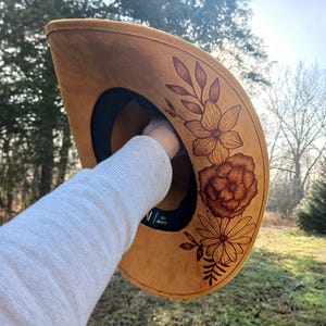 Floral hand burned mustard Hat Sunshine - Mustard Faux Suede Wide Brim Hat with Hand-Burnt  main image 4