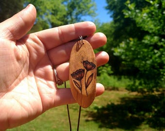 Wood Burned Oval Necklace With Wildflower Design