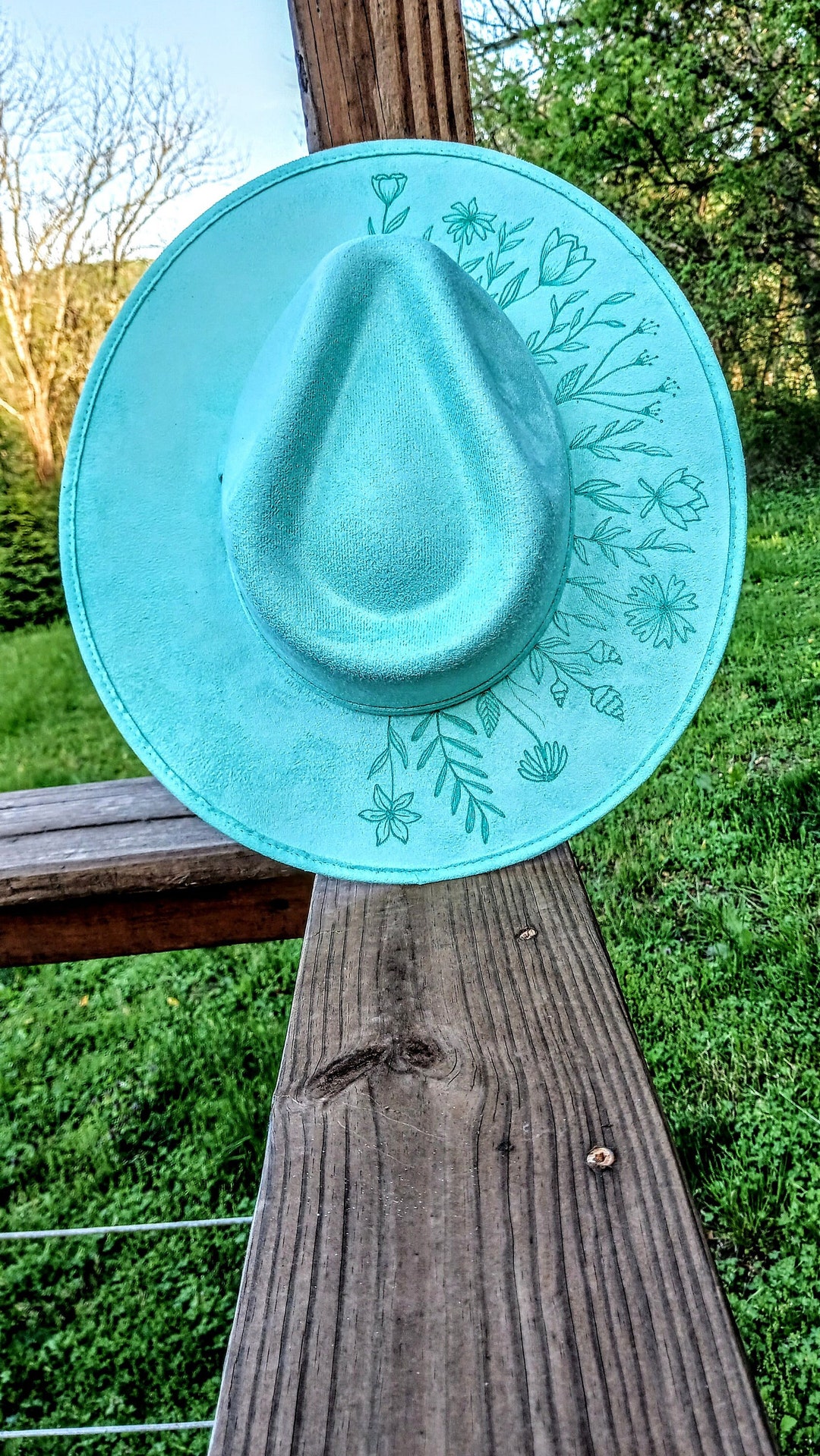 Hand Burned Teal Wide Brim Hat: Wildflower Vegan Suede  display picture 3