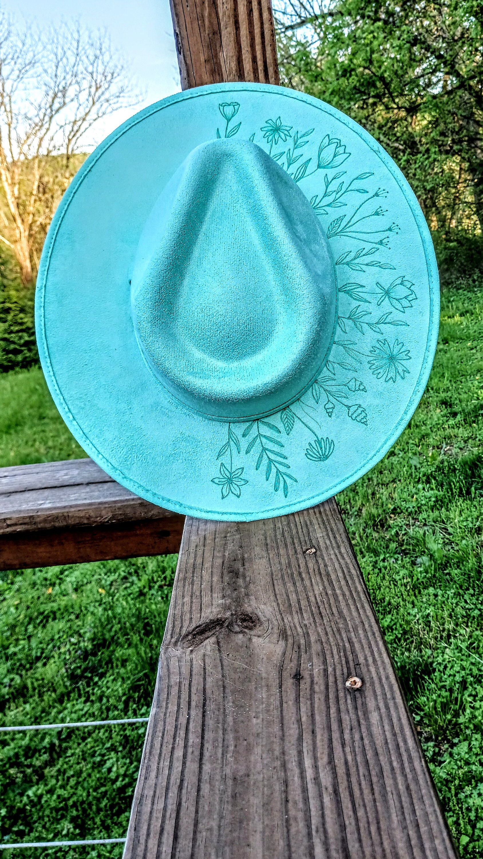 Handmade Teal Floral Boho Western Hat | Suede Tassel Band Hat Band | Floral Tooled Leather | Cowboy Hat Band | Cowgirl  main image 4