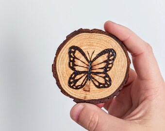 Wood Burned butterfly Fridge Magnet on Live Edge Wood Slice