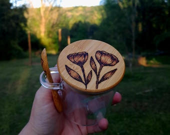 8 Oz Glass Jar, Hand-Burned Floral Wood Lid, Wildflower Spoon Included