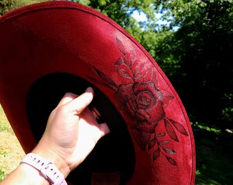 Hand-Burned Red Vegan Suede Cowgirl Hat – Rose Ladybug Design, Western Festival Accessory