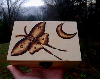 Wood Burned Luna Moth Wooden trinket Box