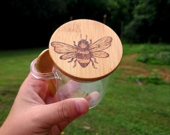 Wood Burned Bee  Glass Jar with Spoon (8 Oz)