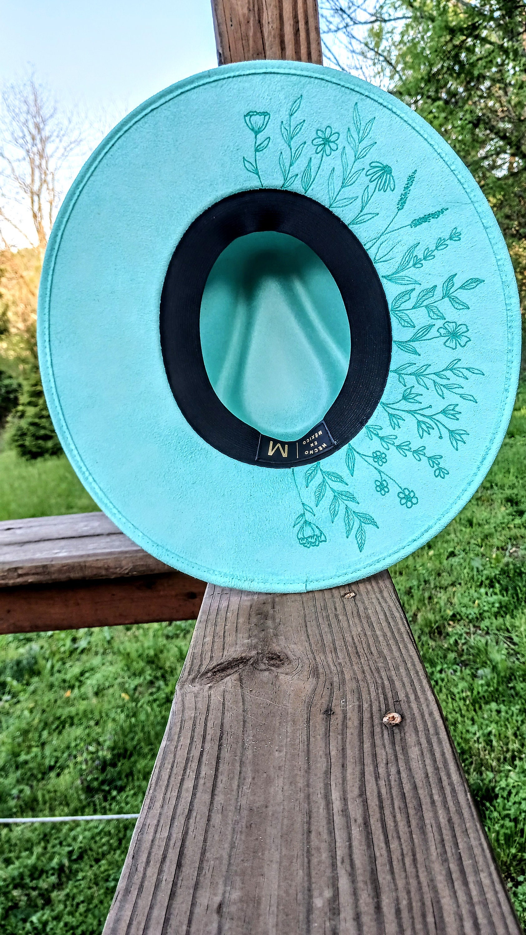 Woodburnt boho vegan suede hat, handburnt design. Teal and adjustable in size Mountain Floral Burned Hat, Mountain Engraved Cowboy Hat  main image 3