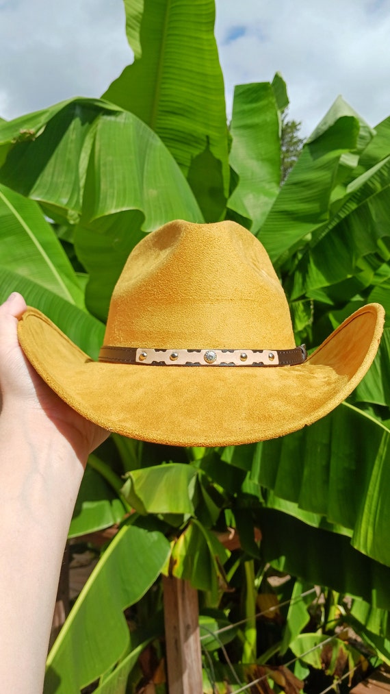 Hand Burned Sunflower Vegan Suede Cowboy Hat, Mustard Yellow  display picture 1