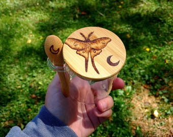 Glass Jar with Luna Moth Wood Burned Lid and Spoon, 8 oz.