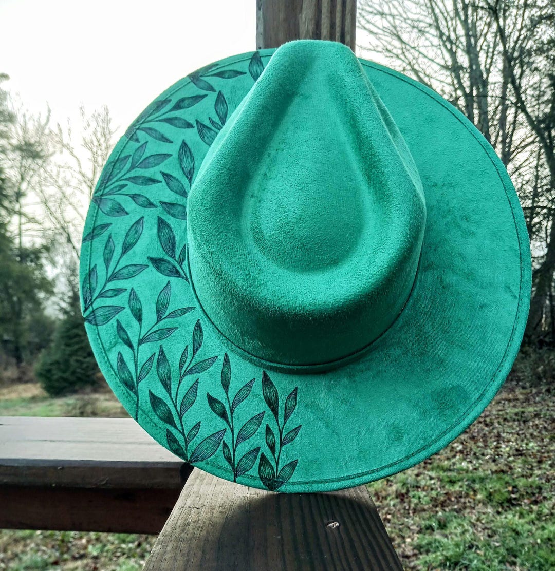 Hand Burned Green Vegan Suede Wide Brim Hat: Leafy Design - Etsy display picture 3