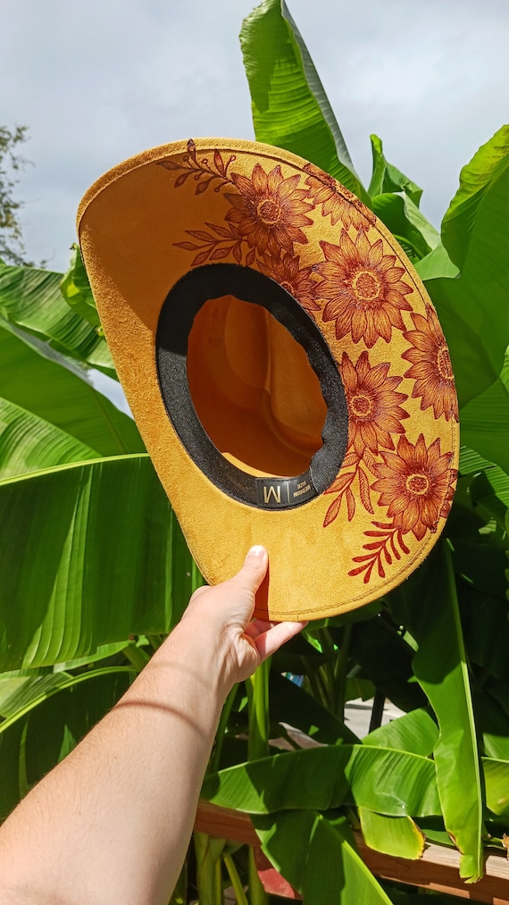 2296 – Sunflower Design Hand-burned Vegan Suede Classic Cowboy Hat Wide Hand Burned Sunflower Vegan Suede Cowboy Hat, Mustard Yellow  main image 4