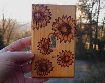 Sunflower Single Light Switch Cover Wood Burned