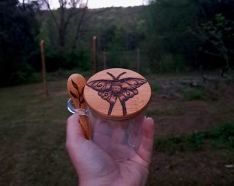 Glass Jar with Luna Moth Wood Burned Lid and Spoon, 8 oz.