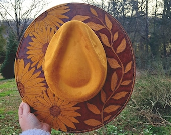 Hand Burned Floral Wide Brim Hat - Mustard Yellow Vegan Suede