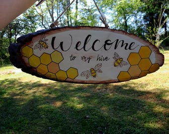 Wood Burned Bee and Honeycomb Welcome Sign