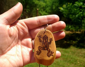 Wood Burned Oval Necklace With Frog Design