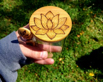 Lotus Flower Wood Burned Glass Jar with Spoon (8 Oz)