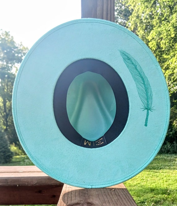 Hand Burned Teal Wide Brim Hat: Floral Vegan Suede Western  display picture 1
