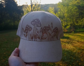 Hand Burned Vegan Suede Ball Cap, Light Brown Color, Mushroom Design