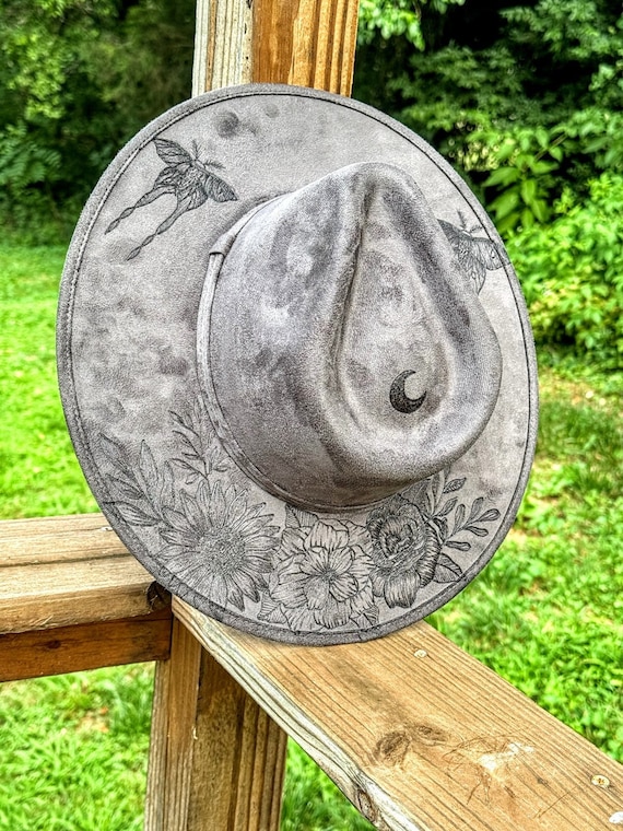 Hand Burned Gray Wide Brim Hat: Luna Moth, Floral & Snake  display picture 1