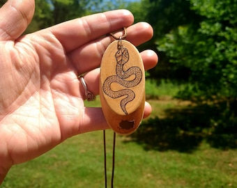 Wood Burned Oval Necklace With Snake Design