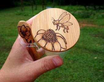 Wood Burned Bee and Flower Glass Jar with Spoon (8 Oz)