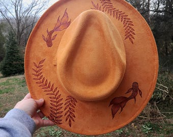 Hand Burned Vegan Suede Wide Brim Hat: Koi Fish Design