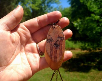 Wood Burned Oval Necklace With Mushroom Design