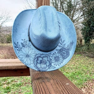 Hand Burned Blue Cowboy Hat for Women, Floral Design on the Top of the Brim