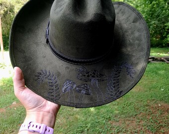 Hand Burned Dark Green Cowboy Hat, Mushroom Moon Phases Design, Vegan Suede