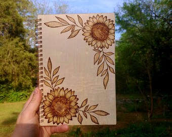 Wood Burned Sunflower Custom Sketchbook with Art On the Cover