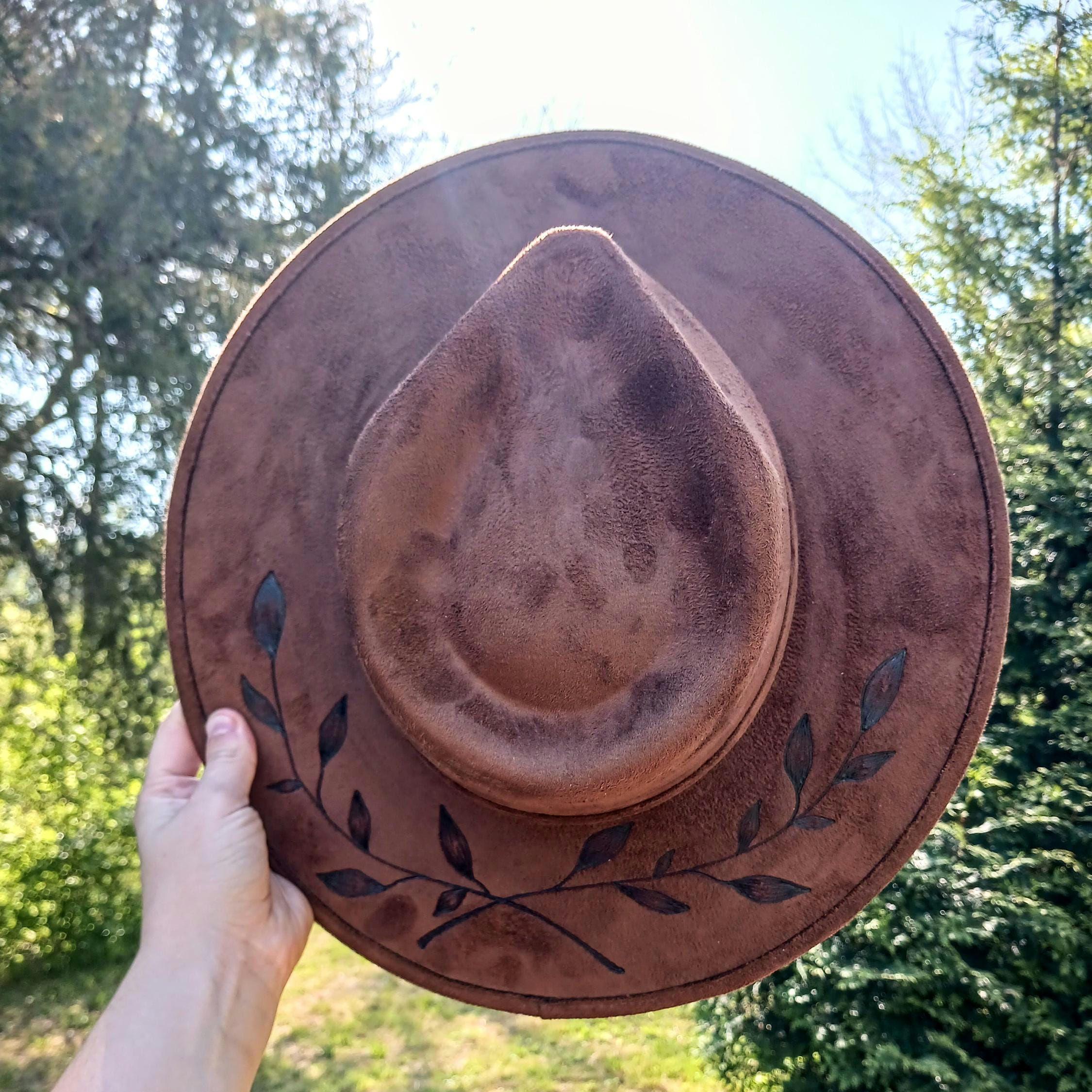 Tan, vegan sued, hand-burned wide-brimmed hat Vegan suede hand burned hat design main image 3
