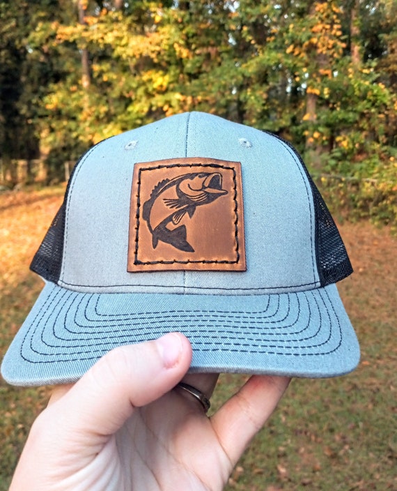 Fishing Burned Leather Patch Gray and Black or Green and Black Trucker Hat  -  Canada