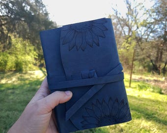Hand Burned Blue Leather Journal with Sunflowers