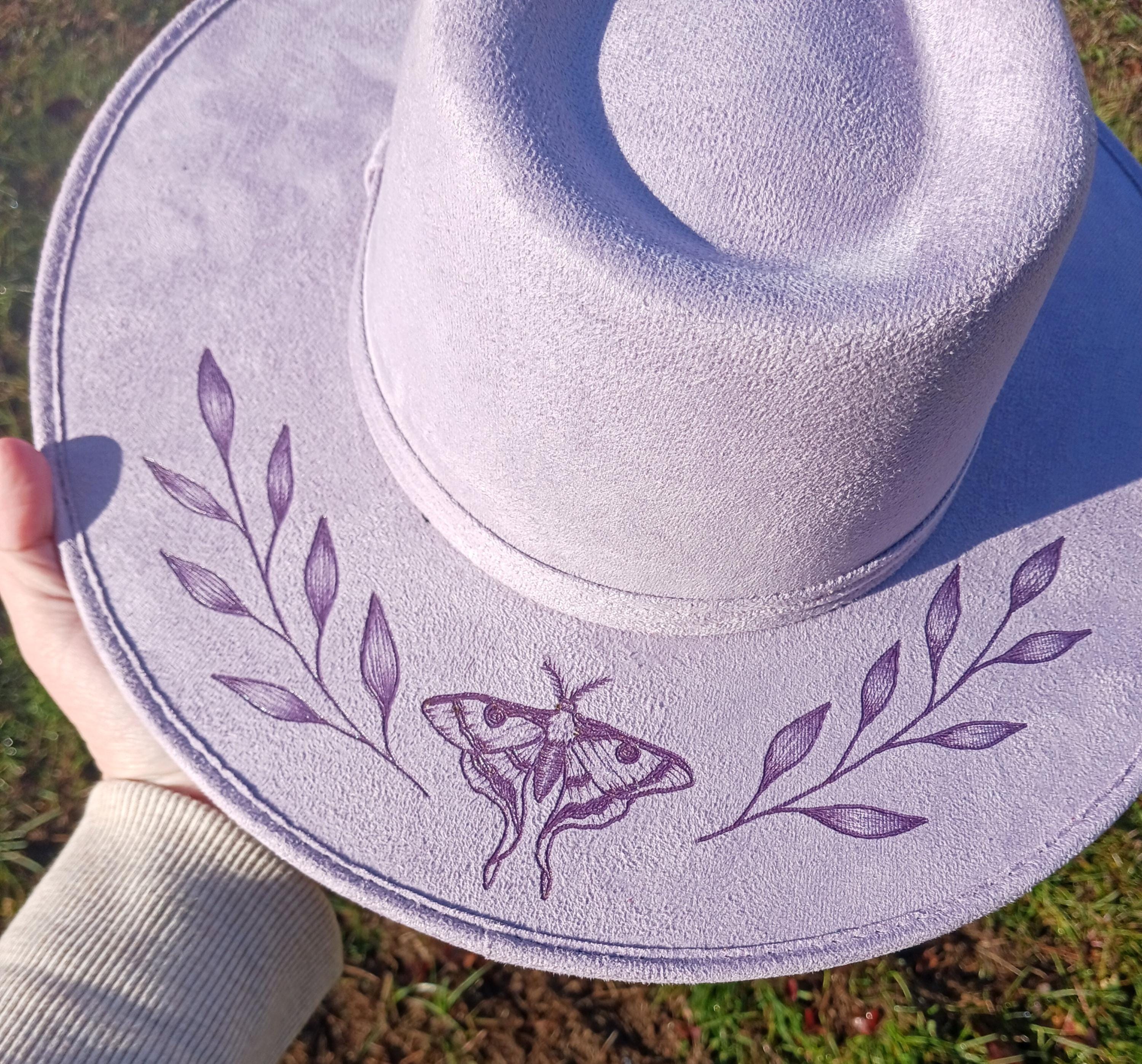 Hand Burned Lavender Wide Brim Hat: Vegan Suede, Moth & Moon  display picture 1