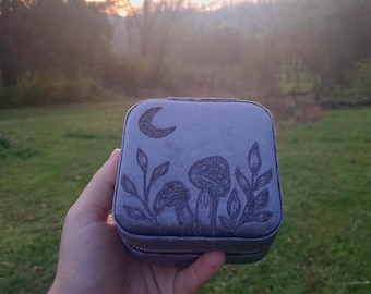Hand Burned Plush Velvet Travel Size Jewelry Box with Mushroom Design
