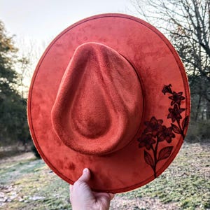 Hand Burned Burnt Orange Vegan Suede Wide Brim Hat: Tiger Lilly Design