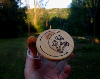 Mushroom Moon Wood Burned Glass Jar with Spoon (8 Oz)