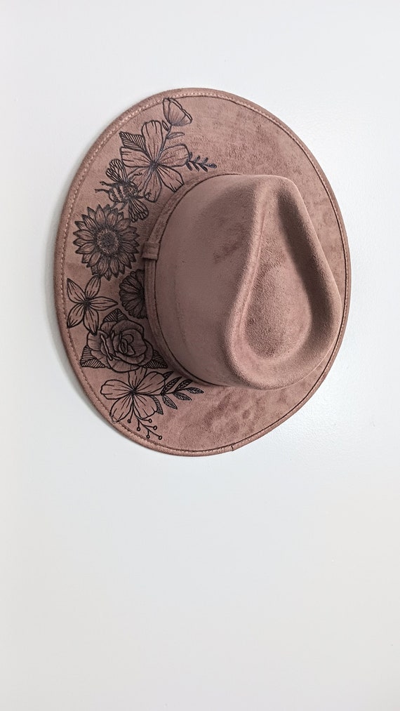Hand Burned Olive Wide Brim Hat for Women, Florals on Crown, Top of Brim  and Under Brim 
