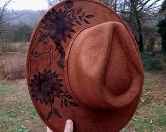 Hand Burned Vegan Suede Wide Brim Hat: Horse and Floral Design