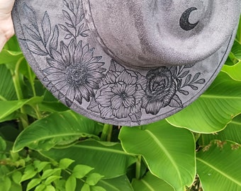Hand Burned Gray Wide Brim Hat: Luna Moth, Floral & Snake 