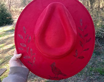 Hand Burned Red Vegan Suede Wide Brim Hat: Cardinal and Vine Design