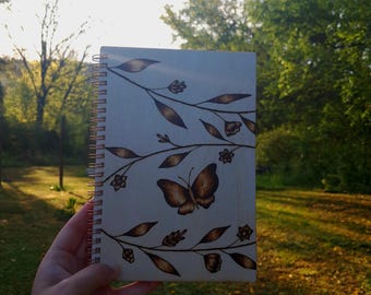 Wood Burned, Floral and Butterfly Custom Sketchbook with Art On the Cover