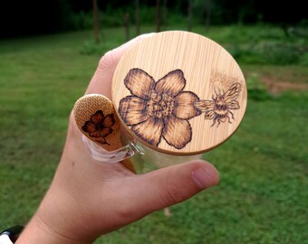 Wood Burned Bee and Flower Glass Jar with Spoon (8 Oz)