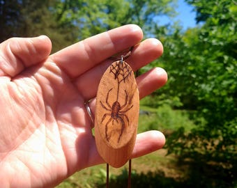 Wood Burned Oval Necklace With Spider Design